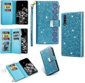 Voor Samsung Galaxy A70 / A70s Multikaartsleuven Sterrenhemel Lasergravure Glitter Rits Horizontale Flip Leren Case met Houder & Portemonnee & Lanyard (Hemelsblauw)