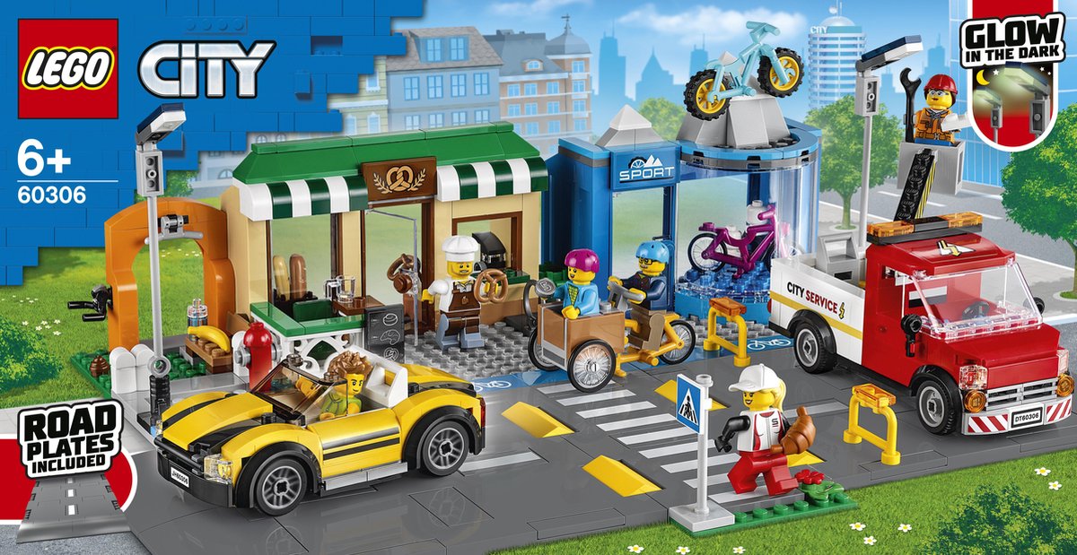 LEGO® City Winkelstraat 60306 bouwset; bevat LEGO wegplaten, een fietsenwinkel, bakkerij en park met fitnesstoestellen, plus een bakfiets, servicetruck, sportauto en 6 minifiguren (533 onderdelen) — cadeau in Spellen & Speelgoed - foto 7