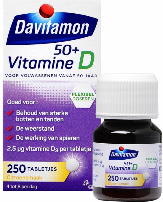 Davitamon Vitamine D 50+, 250 tabletten in citroensmaak, in doos en potje.