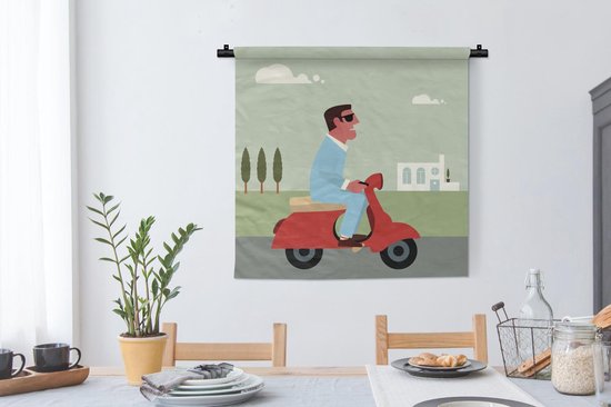 Tapisserie Illustration Vespa - Illustration d'un homme sur une Vespa rouge Tapisserie coton 90x90 cm - Tapisserie avec photo