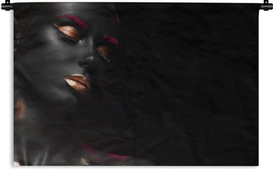 Wandkleed Black & Gold 2:3 - Vrouw met roségouden make-up op een zwarte achtergrond Wandkleed katoen 60x40 cm - Wandtapijt met foto