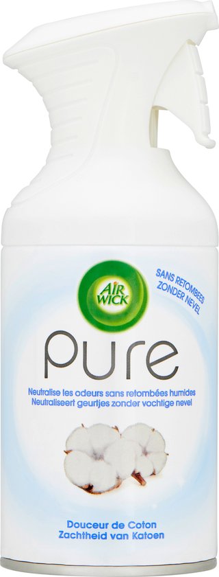 Air Wick Pure spray met zachtheid van katoen geur. Witte fles met blauwe swirl en afbeelding van katoenbloemen.