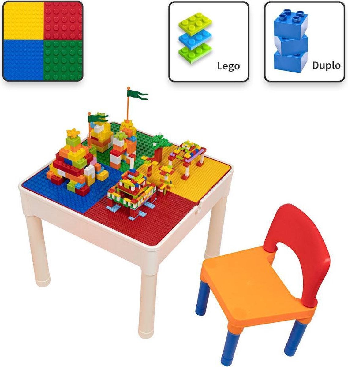 Waardeloos Onophoudelijk micro Decopatent® - Kindertafel met 1 Stoeltje - Speeltafel met bouwplaat en  vlakke kant - Geschikt voor Lego® & Duplo® Bouwstenen