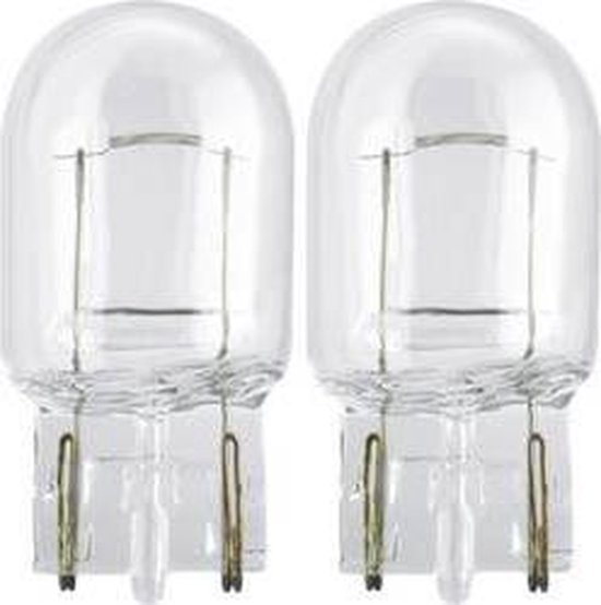 Twee Philips W21W autolampen met glazen kap en metalen fitting.