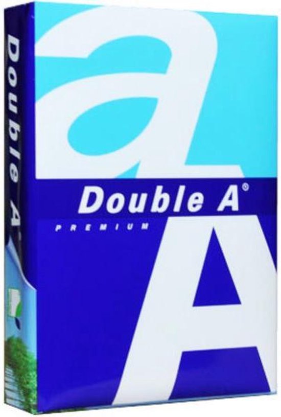 Pak Double A Premium A3 papier. Blauw en lichtblauw met grote witte 'A' en 'Double A' logo.
