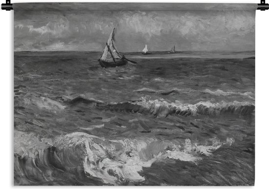 Tapisserie Vincent van Gogh - Paysage marin des Saintes-Maries-de-la- Mer en noir et blanc - Peinture de Vincent van Gogh Tapisserie coton 90x67 cm - Tapisserie avec photo
