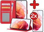 Hoesje Geschikt voor Samsung S21 Hoesje Book Case Hoes Portemonnee Cover Walletcase Met 2x Screenprotector - Hoes Geschikt voor Samsung Galaxy S21 Hoes Bookcase Hoesje - Rood.