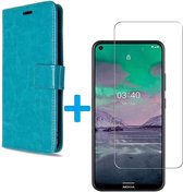 Bookcase Geschikt voor: Nokia 5.4 / 3.4 - Turquoise - portemonnee hoesje met 2 stuks Glas Screen protector