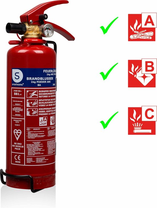 Smartwares 10.018.56 - Brandblusser Poeder 1kg - Incl ophangbeugel - Brandklasse ABC - BSI Gecertificeerd