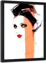 Foto in frame , Vrouw met oranje streep op gezicht ,70x100cm , Zwart wit oranje , wanddecoratie
