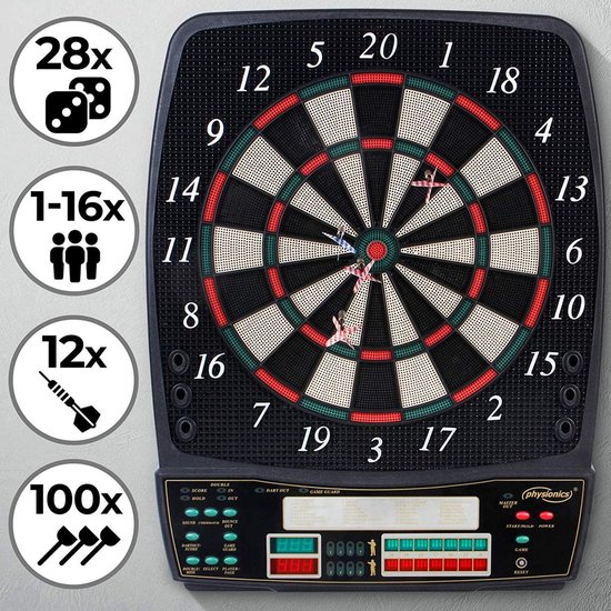 Trend24 Elektronisch dartbord - Dartspel - LED-display - 28 spellen - 100 reserve pijlpunten - 8 spelers - Physionics