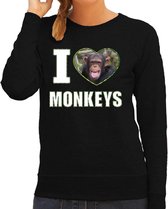 I love monkeys trui met dieren foto van een Chimpansee aap zwart voor dames - cadeau sweater apen liefhebber S