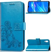 Lucky Clover geperst bloemenpatroon lederen tas voor Huawei Enjoy 9, met houder & kaartsleuven & portemonnee & draagriem (blauw)