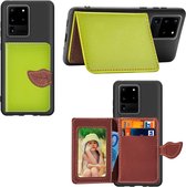 Voor Galaxy S20 Ultra Leaf Buckle Litchi Texture Card Holder PU + TPU Case met Card Slot & Wallet & Holder & Photo Frame (Groen)