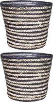 Set de 2 pièces rotin naturel noir plantes/pot de fleurs panier de jute torsadé/roseau/jonc de mer H18 et D20,5 cm - intérieur plastique