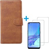 Oppo A73 5G 2020 - Bookcase Lichtbruin - portemonee hoesje met 2 stuks Glas Screen protector