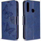 Voor Huawei Y6P Twee Vlinders Embossing Patroon Horizontale Flip Leren Case met Houder & Kaartsleuf & Portemonnee & Lanyard (Donkerblauw)