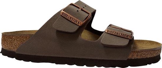 Sandale Birkenstock Arizona grise avec deux brides et boucles couleur cuivre.