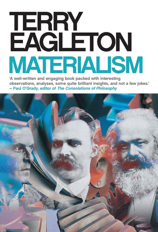 Boekomslag 'Materialism' van Terry Eagleton met portretten van filosofen en tandwielen.