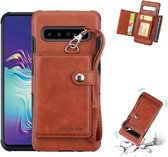 Voor Galaxy S10 5G schokbestendige pc + TPU beschermhoes, met kaartsleuven en portemonnee en fotolijst en draagkoord (bruin)