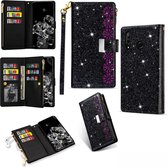 Voor Huawei P30 lite Multi-kaartsleuven Sterrenhemel Laser Carving Glitter Rits Horizontale Flip Leren Case met Houder & Portemonnee & Lanyard (Zwart)