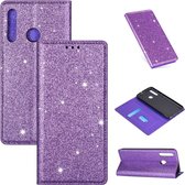 Voor Samsung Galaxy M30 ultradunne glitter magnetische horizontale flip lederen tas met houder & kaartsleuven (paars)