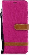 Kleurafstemming Denim Texture Leather Case voor Galaxy A6 +, met houder & kaartsleuven & portemonnee & lanyard (rozerood)