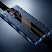 Voor Huawei Mate 30 Pro eerste laag koeienhuid + glazen achterkant beschermhoes (blauw)