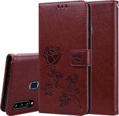 Voor Galaxy A20s Rose reliÃ«f horizontaal Flip PU lederen tas, met houder & kaartsleuven & portemonnee (bruin)