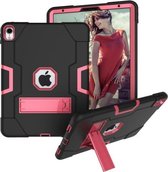 Voor iPad Pro 11 contrastkleurige siliconen + pc-combinatiebehuizing met houder (zwart + roze rood)