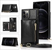 Portemonnee-tas met vierkante rits TPU + PU-achterklep met houder & kaartsleuven & portemonnee & cross-body riem voor iPhone 12 Pro Max (zwart)