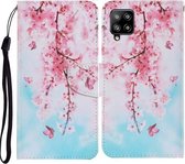 Voor Samsung Galaxy A12 Gekleurde Tekening Patroon Horizontale Flip PU Lederen Case met Houder & Kaartsleuven & Portemonnee & Lanyard (Kersenbloesems)