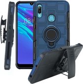 Voor Huawei Y6 (2019) 3 in 1 Cube PC + TPU beschermhoes met 360 graden draaien zwarte ringhouder (marineblauw)