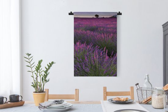 Tapisserie Lavande - Coucher de soleil champ de lavande éclairé en France Tapisserie coton 60x90 cm - Tapisserie avec photo