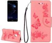 Voor Huawei P10 Lite Vlinders Embossing Horizontale Flip Leren Case met Houder & Kaartsleuven & Portemonnee & Lanyard (Roze)