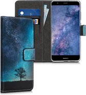 kwmobile telefoonhoesje voor Huawei P10 Lite - Hoesje met pasjeshouder in blauw / grijs / zwart - Sterrenstelsel en Boom design