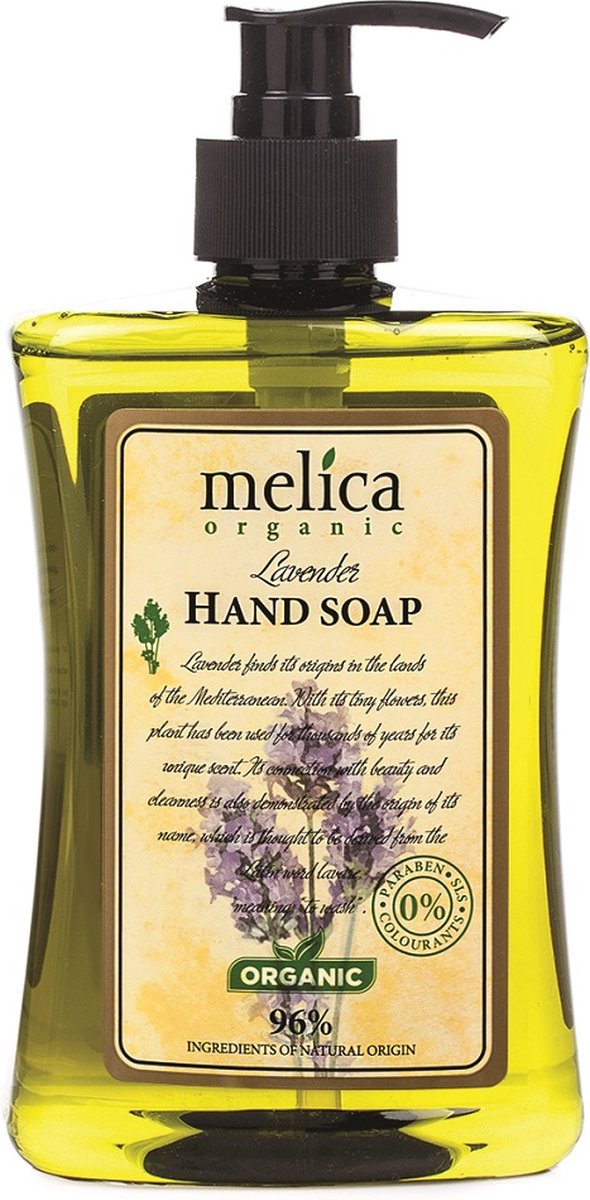 MELICA ORGANIC Biologische HYDRATERENDE KALMERENDE Uitzonderlijk Milde 96% Natuurlijke LAVENDEL EXTRACT Vloeibare ZEEP / Handzeep voor ELK en Gevoelige Huid zonder Parabenen, SLS met pomp 500ml