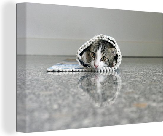 Chat roulé dans un tapis en toile 2cm 180x120 cm - Tirage photo sur toile  (Décoration
