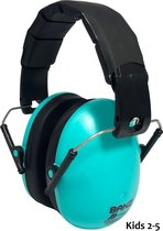 Casque antibruit turquoise pour enfants avec serre-tête noir et logo 'Banz'. Pour 2-5 ans.
