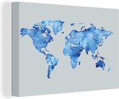 Canvas Wereldkaart - 60x40 - Wanddecoratie Wereldkaart - Waterverf - Grijs