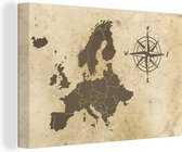 Canvas Schilderij Kaart - Europa - Kompas - 90x60 cm - Wanddecoratie