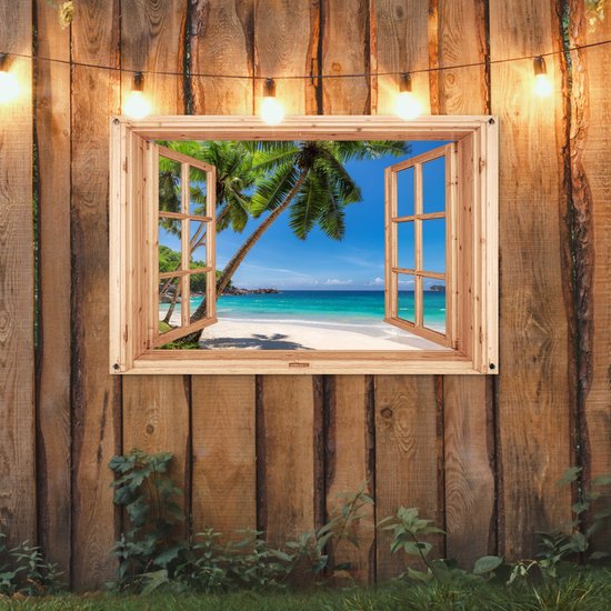 Poster de jardin Plage - Vue - Palmier - Mer - Île - Fenêtre marron clair - 120x80 cm - Toile de jardin - Poster extérieur