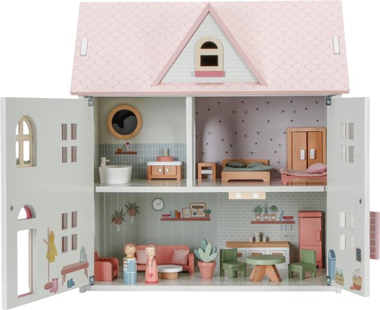 Houten poppenhuis met roze dak, openklapbare deuren, gedetailleerde kamers, meubels en poppetjes.