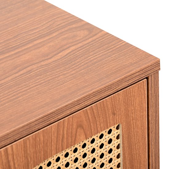 Sweiko Kast met 3 rotan decoratieve deuren, vijf emmerkast met metalen handvatten, geschikt voor slaapkamers, woonkamer, kantoren, walnoothout 129.8x40x76cm