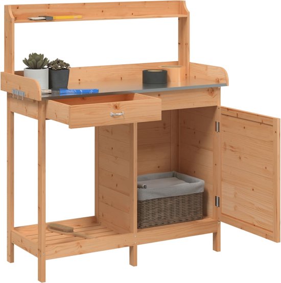 vidaXL Table de rempotage avec armoire 110,5 x 45 x 124,5 cm Bois de pin massif Marron - Table de rempotage - Tables de remportage - Table de jardin - Table de rempotage