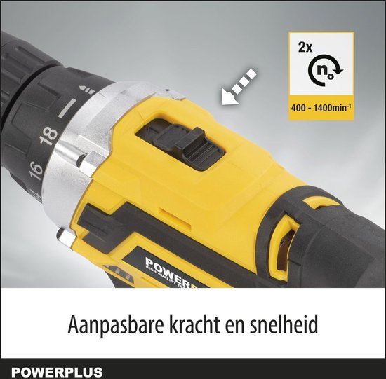 Powerplus POWX00501 Perceuse sans fil - Perceuse à vis - Batterie de perceuse - Visseuse sans fil - 20V - Incl. 3 batteries Li-ion 20 V, chargeur et mallette à outils 12 pièces avec embouts de tournevis - Pour le bois, la pierre et le métal