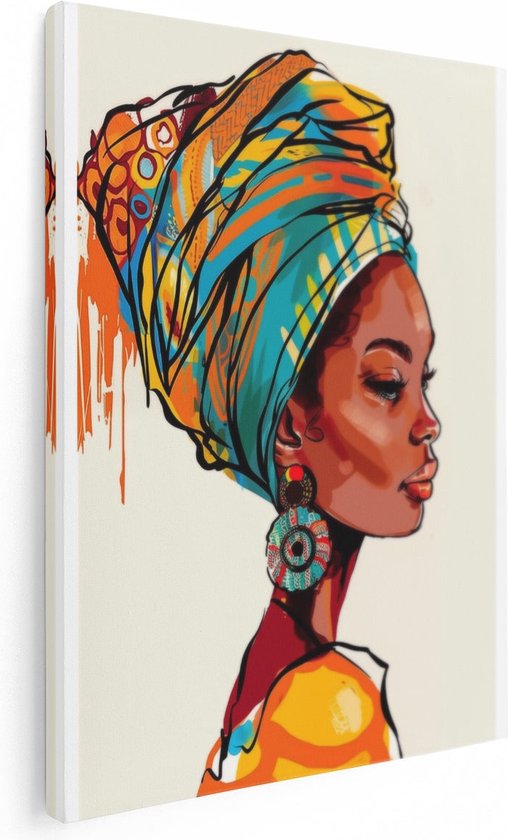 Artaza Canvas Schilderij Afrikaanse Vrouw in een Kleurrijke Tulband - 60x80 - Muurdecoratie - Foto Op Canvas - Canvas Print