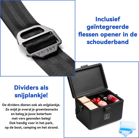 Brisby Glacière - Frigo box - Glacière - Voiture - Légère - Boîte à pain - 12L - 2 éléments de refroidissement gratuits de 450 ml chacun - Incl. Séparateurs Planches à découper - Ouvre-bière - Ouvre-bouteille - Max. Isolation 40 heures - Zwart
