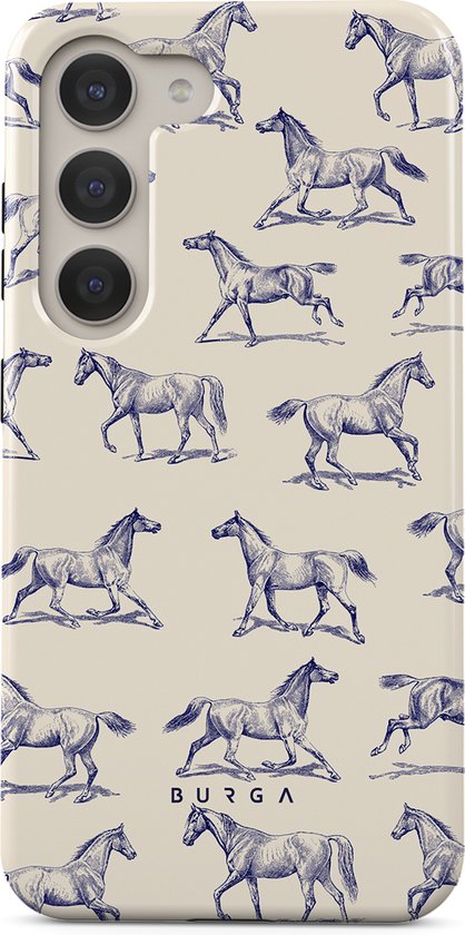 Coque de téléphone avec un motif de chevaux bleus sur fond crème. Le logo BURGA est visible.