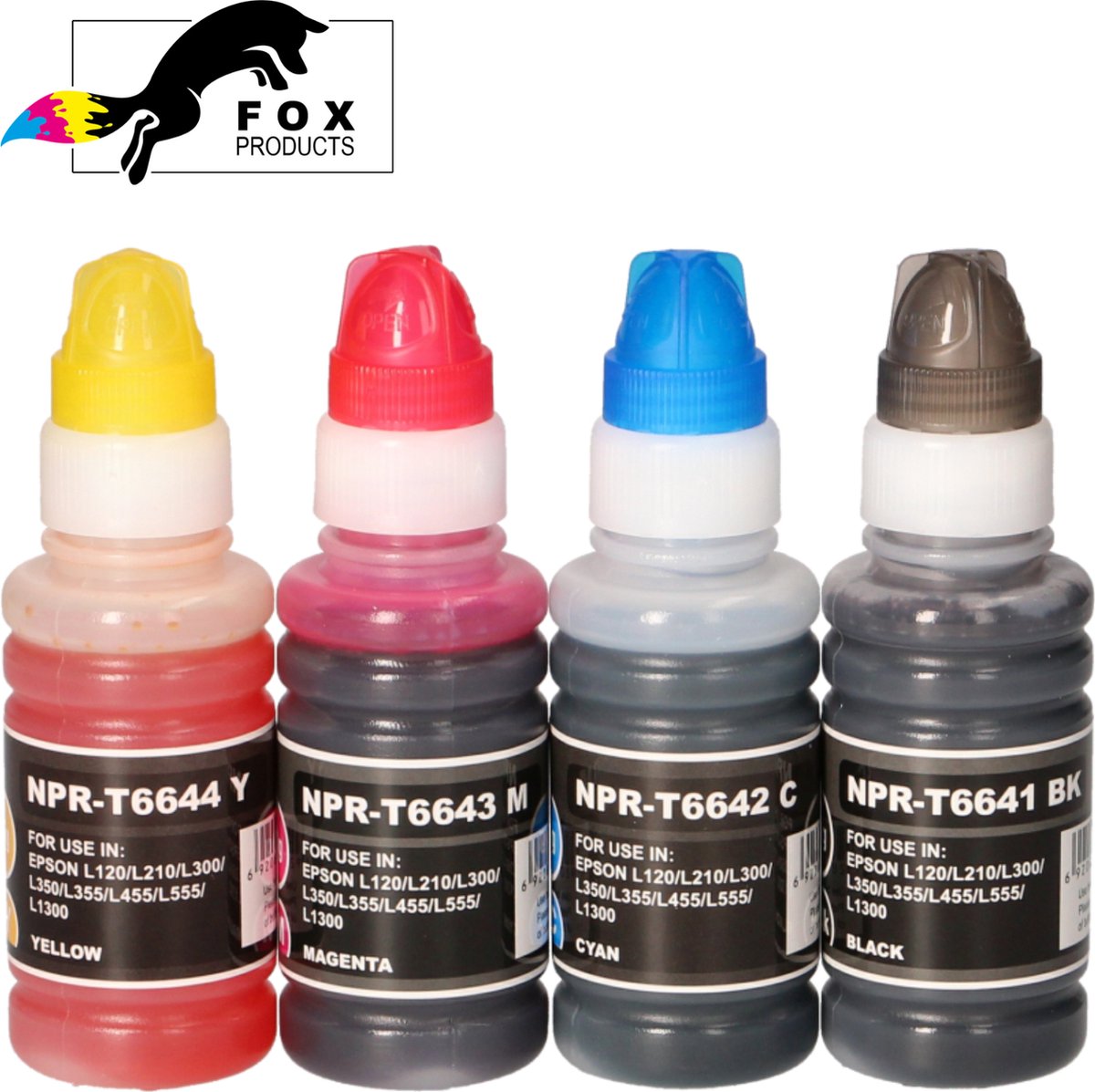 FoxProducts® 4 x 100 ML. T-664 EcoTank geschikt voor Epson ET-14000 ET-2500 ET-2550 ET-2600 ET-2650 ET-4500 L100 L110 L1300 L200 L210 L300 L310 L350 L355 L361 L365 L380 L382 L385 T6641 T6642 T6643 T6644